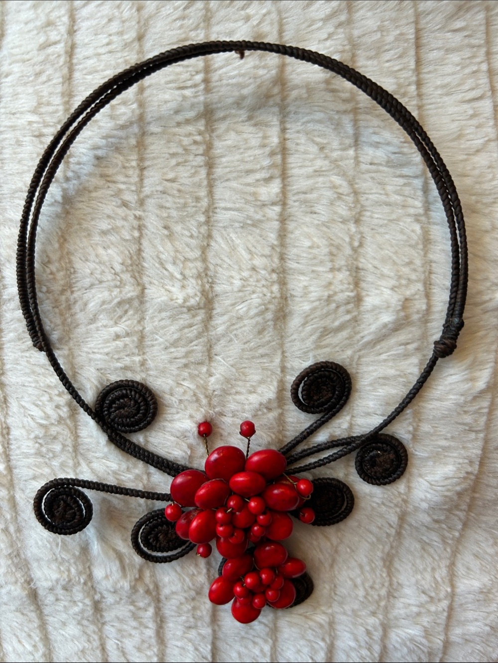 Red Bead Cluster Brown Cord Necklace